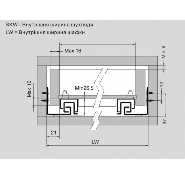 Напрямна прихованого монтажу 16мм DTC L-350 повного висуву SS10350H1