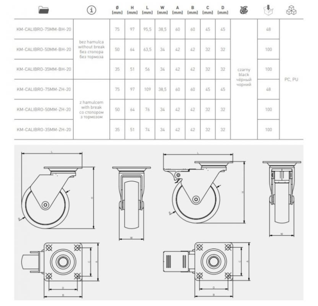 Ролик GTV CALIBRO, 50мм, 40кг, чорне/хром (KM-CALIBRO-50MM-BH-20)