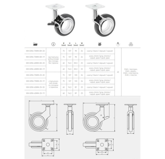 Ролик GTV GIRA, 75мм, 85кг, чорне/хром (KM-GIRA-75MM-BH-20)