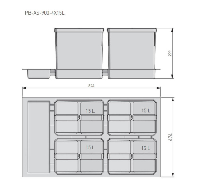 Контейнерна система AxiSpace Graphene в базу 900мм, 4*15л (PB-AS-900-4X15L)