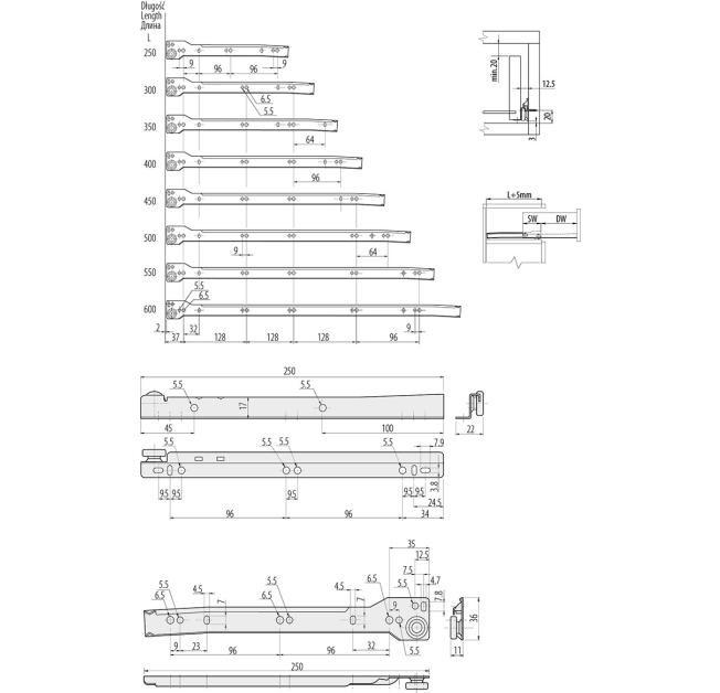 Направляюча роликова GTV L550 мм біла(PR-0B-550-10)