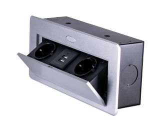 Блок врізний на 2 розетки і 2 USB з підйомною кришкою та круглими краями Алюміній