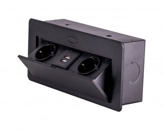 Блок врізний на 2 розетки і 2 USB з підйомною кришкою та круглими краями Чорний