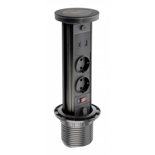 Подовжувач GTV CAMINO 100мм 2 розетки SCHUKO USB A+C QC WC 10W провід 1,5м Чорний (AE-BPW2sCAM-20)